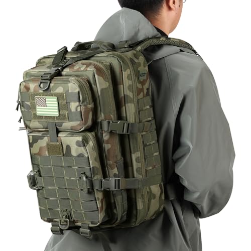 Hannibal Tactical MOLLE Assault Backpack, Tactical Backpack Military Army Camping Rucksack, 3-Day Pack Trip w/USA Flag Patch, D-Rings, Polish Camo - color: Polish Camo