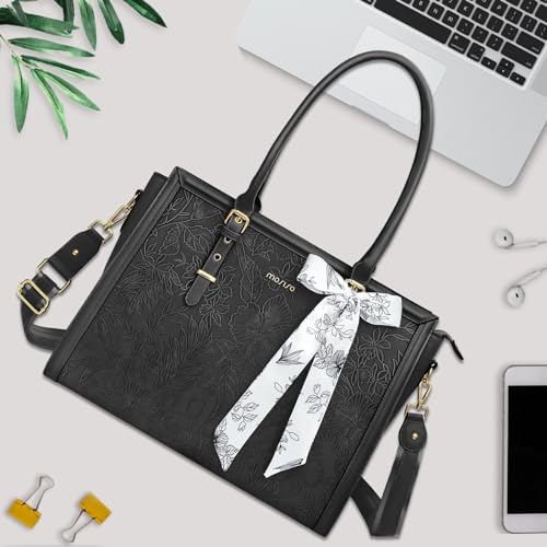 MOSISO Laptop Bag for Women, 15.6-16 inch PU Leather Tote Bag Compatible with MacBook, HP, Dell, Asus Notebook, Front Embossed Retro Hibiscus Computer Bags with Silk Scarf&Clutch Purse, Black - color: Black, size: 16 inch