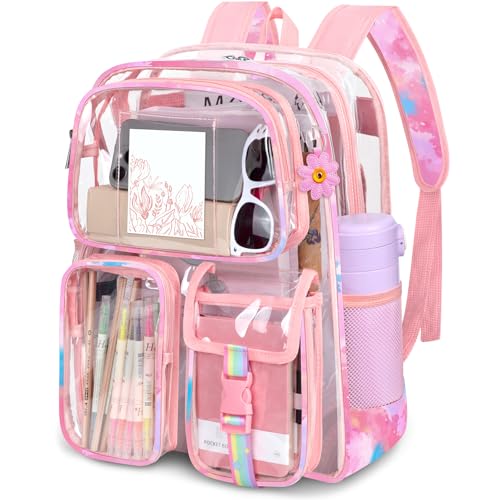 Attmu Clear Backpack for School, Heavy Duty PVC Transparent Bookbag with Reinforced Straps Stitches, Clear Bag for Stadium Events Girls Boys, Large Capacity Backpack for Security College Work - color: Pink Tie Dye, size: 17*12*5