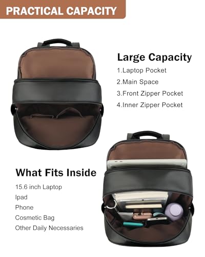 MASINTOR 15.6 inch Leather Laptop Backpack Purse for Women, Designer Travel and Work Bag with Laptop Compartment Black - color: Black