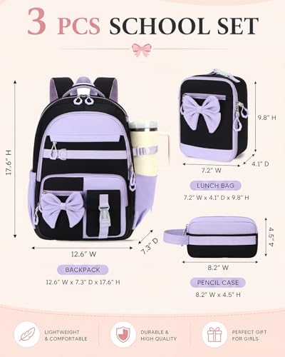 CAMTOP Girls Backpack with Lunch Box & Pencil Case Set, School Backpack for Girls with Large Water Bottle Holder Straps, Waterproof Kids Backpack, Cute Bookbag for Elementary School & Travel - color: Black Purple