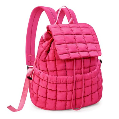 Quilted Puffer Backpack for Women Lightweight Soft Puffy Backpack Purse Casual Daily Drawstring Flap Daypack (Rose Red) - color: Rose Red