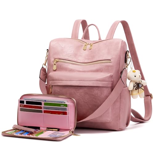 Soperwillton Women Backpack Purse Multipurpose Design Handbags Shoulder Bag PU Leather Travel bag Backpack Set 2pcs - color: Pink