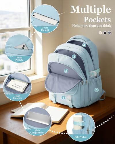 Waterproof Aesthetic Backpack For School, Cute High School Bookbag For Teen Girls Boys, Lightweight Casual Daypack Backpack For Women Men, College Backpack With Lots Of Pockets（Blue） - color: Blue