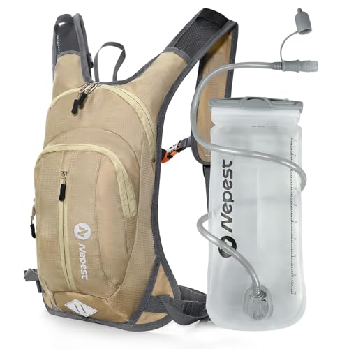 Nepest Hydration Pack Backpack for Women & Men, Lightweight Water Backpack with 2L Water Bladder for Hiking Cycling Running Biking - color: Khaki