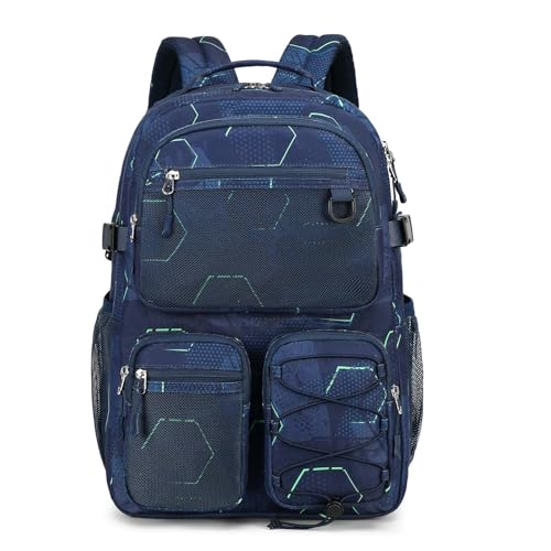 Lohol Multi-Pocket Backpack for School College Travel, Heavy Duty Big Bookbag with 15.6 inch Laptop Compartment (Navy Geometry - color: Navy Geometry