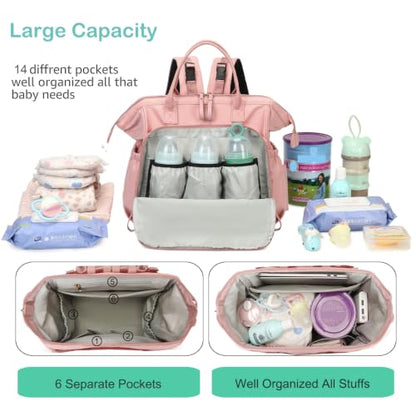 LORADI Large Diaper Bag Tote, Hospital Bag, Baby Shower Essential | 14 Pockets, Convertible, Stroller Clips, 3 Insulated Pockets, Water-resistant, Easy to Clean - color: Pink, size: Large-20L