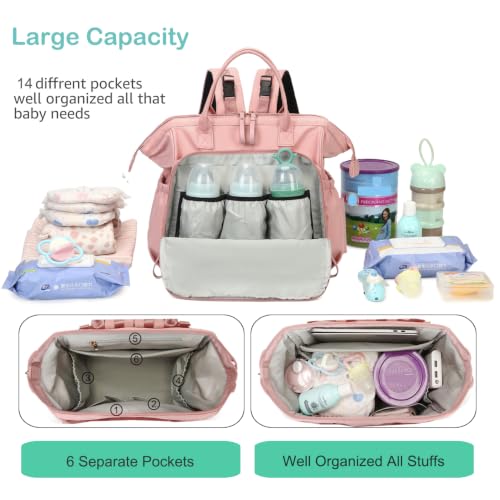 LORADI Large Diaper Bag Tote, Hospital Bag, Baby Shower Essential | 14 Pockets, Convertible, Stroller Clips, 3 Insulated Pockets, Water-resistant, Easy to Clean - color: Pink, size: Large-20L