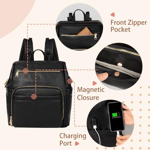 Omanmoli Diaper Bag Backpack Leather Large Baby Diaper Bag Essentials With 18 Organizing Pockets,6 Insulated Pockets,USB Charging Port,Stroller Straps,Changing Pad (Black) - color: Black