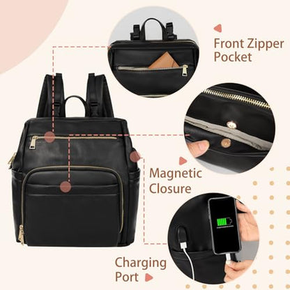 Omanmoli Diaper Bag Backpack Leather Large Baby Diaper Bag Essentials With 18 Organizing Pockets,6 Insulated Pockets,USB Charging Port,Stroller Straps,Changing Pad (Black) - color: Black