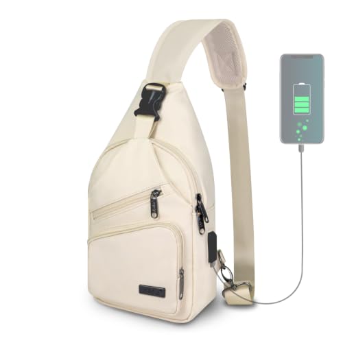 AMJ Crossbody Sling Bag Men Women, Casual Shoulder Backpack, Chest Daypack Satchel for Hiking Travel - color: Leather Beige, size: Large