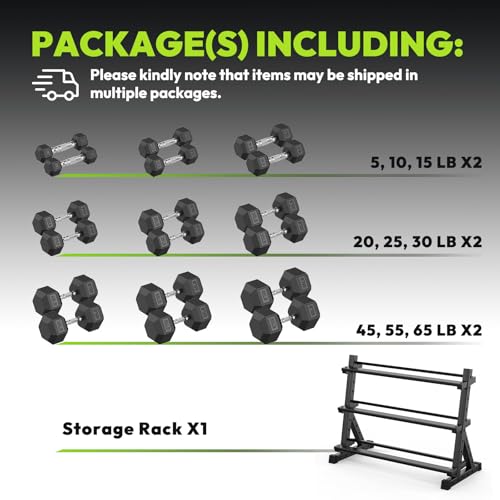 HANDBODE 3-Tier Dumbbell Rack Stand, 1000LB Capacity Storage Rack, Weight Rack for Dumbbells, Kettlebell, 390–700 lb Rubber Coated Fixed Weight Sets, Home Gym Strength Training Equipment - color: 540 lb Set (5-65 lb) *2 & Rack