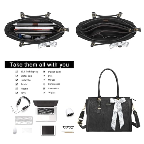 MOSISO Laptop Bag for Women, 17-17.3 inch PU Leather Tote Bag Compatible with MacBook, HP, Dell, Asus Notebook, Front Embossed Retro Hibiscus Computer Bags with Silk Scarf&Clutch Purse, Black - color: Black, size: 17.3 inch