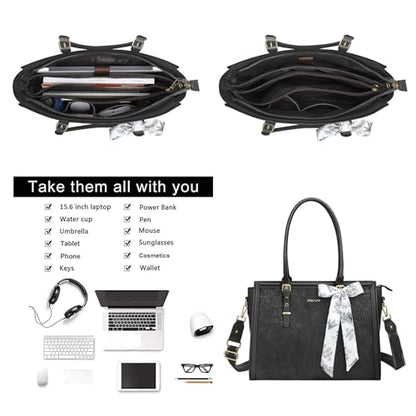 MOSISO Laptop Bag for Women, 17-17.3 inch PU Leather Tote Bag Compatible with MacBook, HP, Dell, Asus Notebook, Front Embossed Retro Hibiscus Computer Bags with Silk Scarf&Clutch Purse, Black - color: Black, size: 17.3 inch