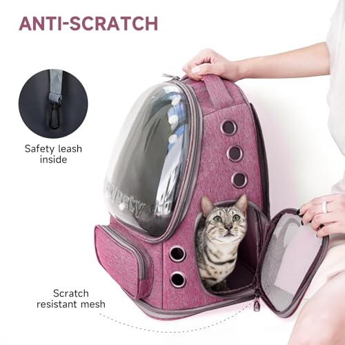 Cawypety Cat Backpack Carrier, Breathable Cat Carrier Large Space Bubble Pet Backpack for Kitty Small Dog up to 12lbs, Transparent & Foldable Pet Carrier for Travel Hiking（Pink） - color: Pink