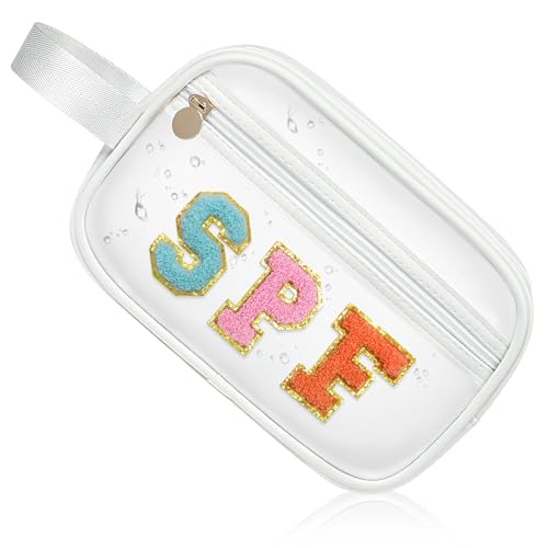 COSHAYSOO Clear Sunscreen Bag SPF Beach Vacation Essentials Waterproof Summer Pool Must Have Accessories for Women Teen Girls, Family Beach Day Organizer Toiletry Pouch Travel Gifts Preppy Letter - color: White-SPF
