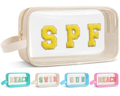 Kacctyen Letter Clear Makeup Bags Spf Pouch Beige Preppy Beach Patch Clear Travel Bag with Zipper Chenille Nylon Cosmetics Waterproof Sandproof Bags Toiletry Storage Snack Sunscreen Pouch for Women - color: White, style: Spf