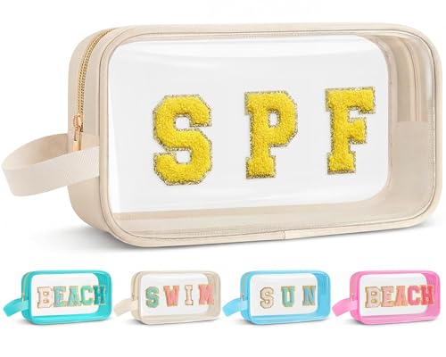 Kacctyen Letter Clear Makeup Bags Spf Pouch Beige Preppy Beach Patch Clear Travel Bag with Zipper Chenille Nylon Cosmetics Waterproof Sandproof Bags Toiletry Storage Snack Sunscreen Pouch for Women - color: White, style: Spf