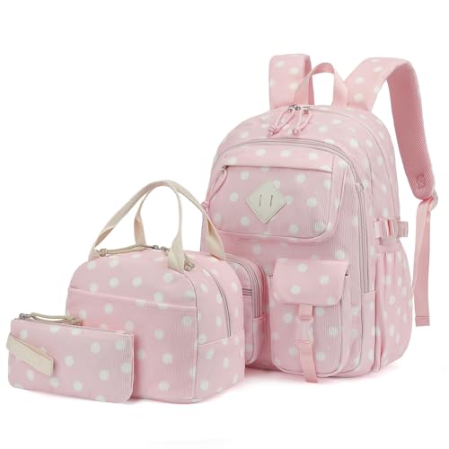 3Pcs Corduroy School Backpack for Girls, Kids Large Capacity School Bag Bookbags Set with Lunch Box and Pencil Bag (Corduroy Polka Dot) - color: Corduroy Polka Dot