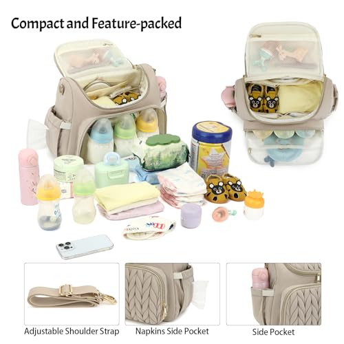Small Diaper Bag Backpack Quilted Mini Baby Crossbody Diaper Bag Tote for Mom and Baby Girls Boys (Beige) - color: Beige