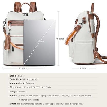Shrrie 15.6 inch Laptop Backpack for Women,Large Leather Backpack Purse,Travel,Carry on,Water Resistant Casual Laptop Backpacks,College Backpack,Work Backpack for Women,Beige with Brown - color: Beige With Brown