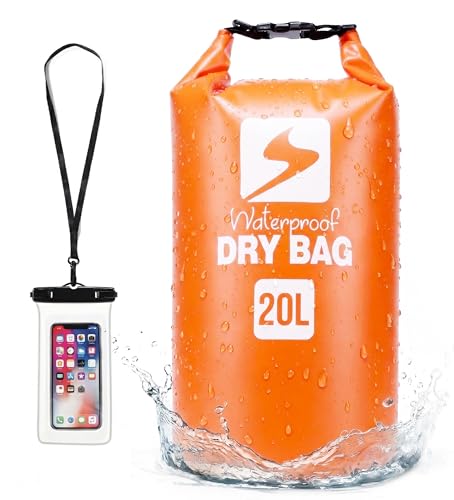 Soulsfeng Waterproof Dry Bag Backpack, Roll Top Floating Dry Storage Bag with Phone Case, Lightweight Dry Sack for Kayaking, Boating, Beach, Travel, Camping 20L, Orange - color: Orange, size: 20L