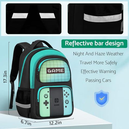 Kids Backpack For Boys，Gamer Boys Backpack For Children Teens Elementary Middle School, 17″ Students Bookbag - color: Backpack-sw-green & Blue