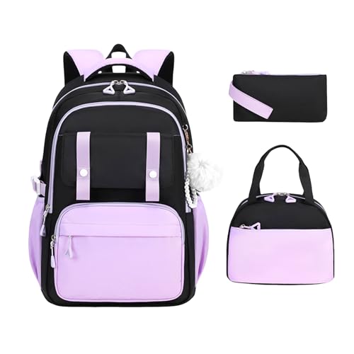 3Pcs Cute Backpack for Girls with Lunch Box & Pencil Case, Large Capacity Kids Bookbag for Elementary Middle School Students Waterproof Kawaii Preppy Aesthetic Plaid Backpack Age 4-16 - color: 3pcs Black Purple