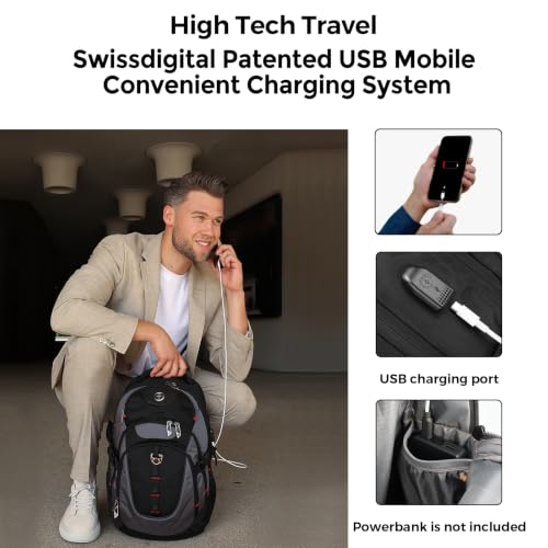 Swissdigital Design Travel Backpack for Men with USB Charging Port SD803-02 - color: Black/Grey