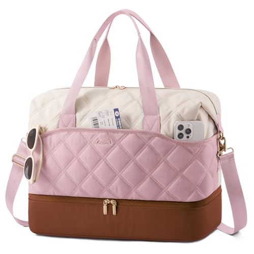 LOVEVOOK Travel Carry On Bag for Women, Lightweight Weekender Bags with Shoe Compartment, Wet Pocket, Hospital Overnight Bags for Women Labor Delivery, Personal Item Duffle Bag for Gym, Sport - color: White - Pink, size: 35L - Medium