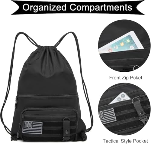 seyfocnia Drawstring Backpack Tactical String Bag with Zipper Pockets Waterproof Cinch Bag Sport Gym Sackpack - Black - color: Black, style: Leisure