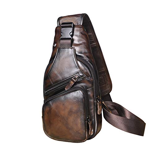 Le'aokuu Men Fashion Casual Tea Designer Travel Hiking Crossbody Chest Sling Bag Rig One Shoulder Strap Bag Men Leather 8015 | Fashion - color: Coffee