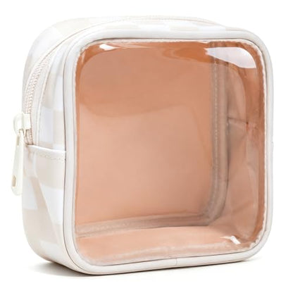 Clear Checkered Makeup Bag, Small Cosmetic Pouch with Zipper Mini Waterproof Makeup Purse Organizer Cute Cosmetic Bag Travel TSA Approved Toiletry Bag Car Organizer for Women Girls (Beige) - color: Beige