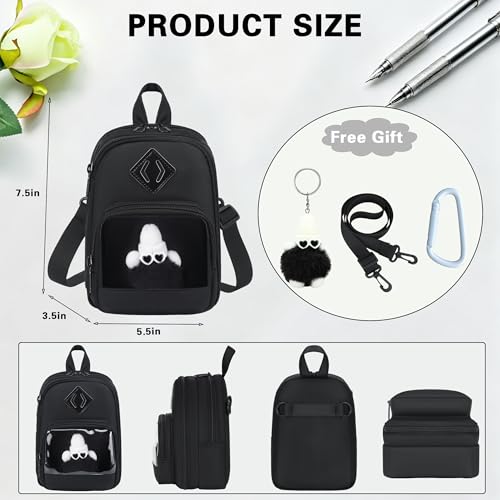 Large Capacity Kids Backpack Pencil Case Pen Bag with Clear Pocket, Cute Kawaii Pen Pouch Organizer with Adjustable Strap & Plush Doll Keychain for School Girls Boys (Black) - color: Black
