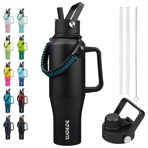 BJPKPK Insulated Water Bottles with Straw Lid, 40oz Metal Water Bottle with 2 lids & Paracord Strap, Double Wall Stainless Steel Tumbler with Handle, Reusable Cups, Mugs, Thermo, Black - color: Black, style: 40oz-Side Handle