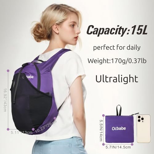 Ultra Lightweight Foldable Backpack,Water Resistant Small Packable Hiking Daypack Outdoor Camping Travel Bag - color: Purple, size: 15l