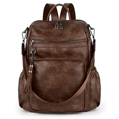 UTO Women Backpack Purse Leather Vegan Ladies Fashion Designer Rucksack Convertible Travel Shoulder Bag with Tassel - color: 01226 Coffee, size: Large
