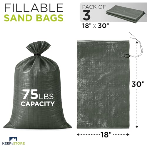 Heavy Duty Sand Bags Pack of 3, Army Green Empty Sandbags with Built-In Ties, Woven Polypropylene UV Protection 1600 Hours, Fillable Bags for Flood Control, Weight, 18x30 inches, 75 Pounds Volume - size: 18"W x 30"L, style: Pack of 3