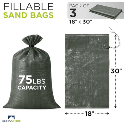 Heavy Duty Sand Bags Pack of 3, Army Green Empty Sandbags with Built-In Ties, Woven Polypropylene UV Protection 1600 Hours, Fillable Bags for Flood Control, Weight, 18x30 inches, 75 Pounds Volume - size: 18"W x 30"L, style: Pack of 3