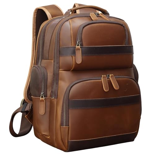 TIDING Men's Vintage Leather Backpack 15.6" Laptop Bag Large Capacity Business Travel Hiking Shoulder Daypacks - color: Brown(fits 14" Laptop)