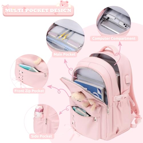 ACESAK School Backpack for Girls - 3 PCS Cute Girls Backpack with Lunch Box & Pencil Case - Kawaii Casual Kids Bookbag School Bag Daypacks Set for Elementary Middle High School Student Teens (Pink) - color: Pink