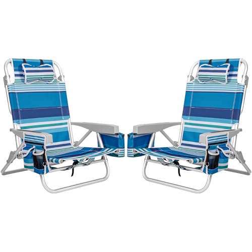 2Pk Aluminum Extra Wide 5-Position Lay Flat Folding Backpack Beach Chairs for Adults, with Cooler Bag, Cup&Phone Holder, Towel Bar for Outdoor Lawn Picnic Sport, Portable Camping Chairs, Blue Stripes - color: Blue Stripes