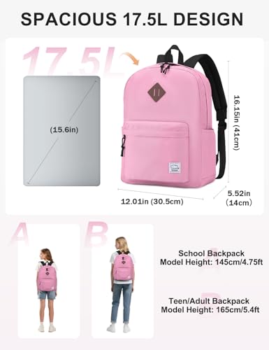 VASCHY School Backpack, Lightweight Water Repellent Backpack Men School Bag Women Children Boy Leisure for Girl School High School Teenagers College Business Travel, Pink, M, Backpacks Handbags - color: Pink