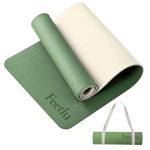 Extra Thick Yoga Mat with Carry Strap, 10mm Non-Slip Exercise Mat, 72 x 24 Inch Cushioned Workout Mat for Yoga, Pilates, Stretching & Floor Exercises - color: Green & Cream