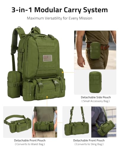 CVLIFE Tactical Backpack Military Army Rucksack 60L Large Assault Pack Detachable Molle Bag, Army Green - color: 06-army Green With Patch