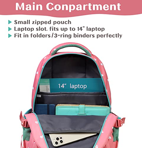 BLUEFAIRY Lightweight Water Resistant Backpack for Girls, Pink, 5-9 Years, Laptop Compartment, Adjustable Shoulder Straps, Breathable Mesh - color: Pink/Teal