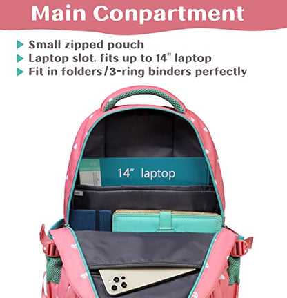 BLUEFAIRY Lightweight Water Resistant Backpack for Girls, Pink, 5-9 Years, Laptop Compartment, Adjustable Shoulder Straps, Breathable Mesh - color: Pink/Teal