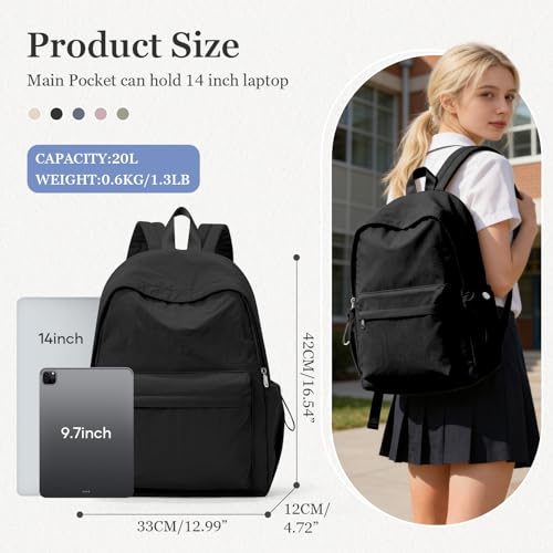 Simple Black School Backpack For Women Men Aesthetic Medium Backpack Lightweight Casual Daypack College Backpacks Cute Bookbag for Teens Girls Boys Basic Bagpack - color: Black