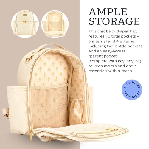 Itzy Ritzy Mini Diaper Bag Backpack – Chic, Compact Mini Plus Backpack with Changing Pad, 10 Pockets (6 Internal, 4 External), Grab-Top Handle & Rubber Feet (Milk & Honey) - color: Milk & Honey