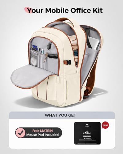 MATEIN HER Teacher Backpack, Computer Backpack for Women Fits 17.3'' Laptop | Water Bottle Holder, Water Resistant, Anti Theft, with Lunch Compartment, Office Travel Commute, Laptop Bookbag for College - color: Beige